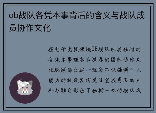 ob战队各凭本事背后的含义与战队成员协作文化